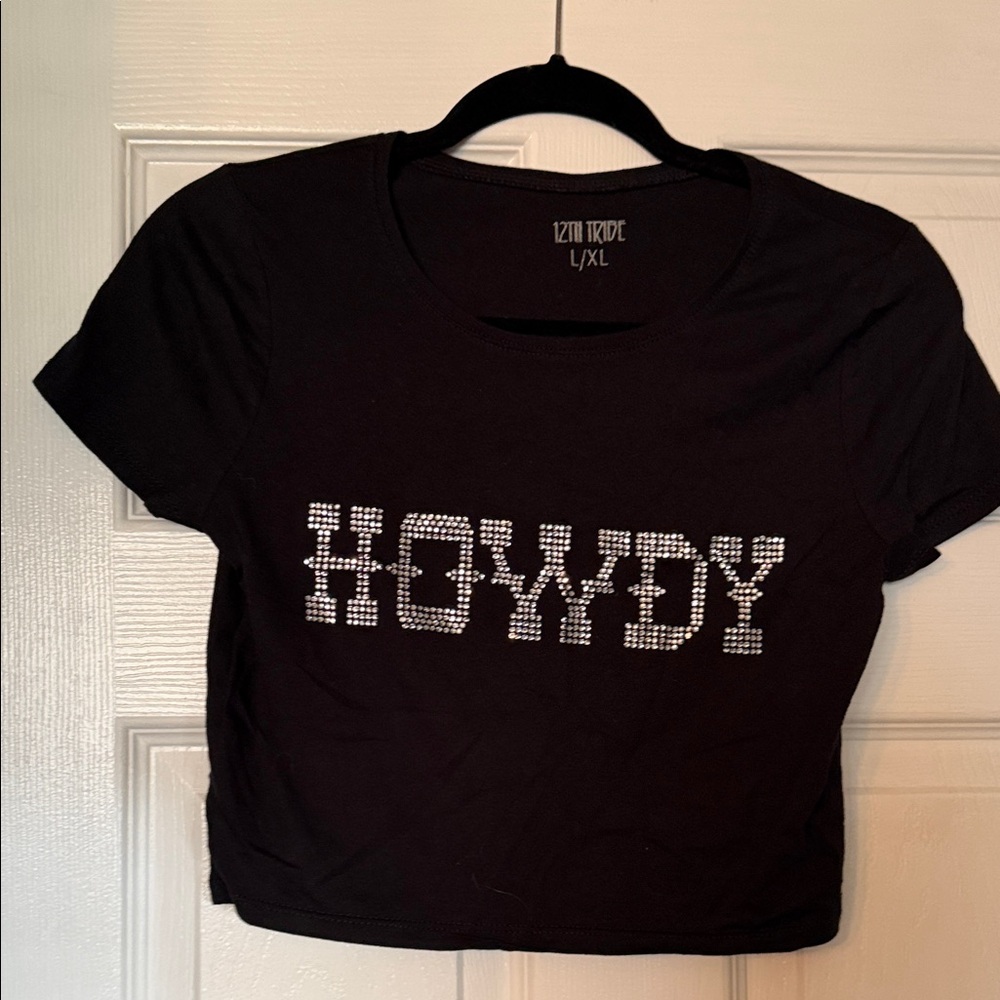 12th Tribe Black Rhinestone 'Howdy' Crop Top